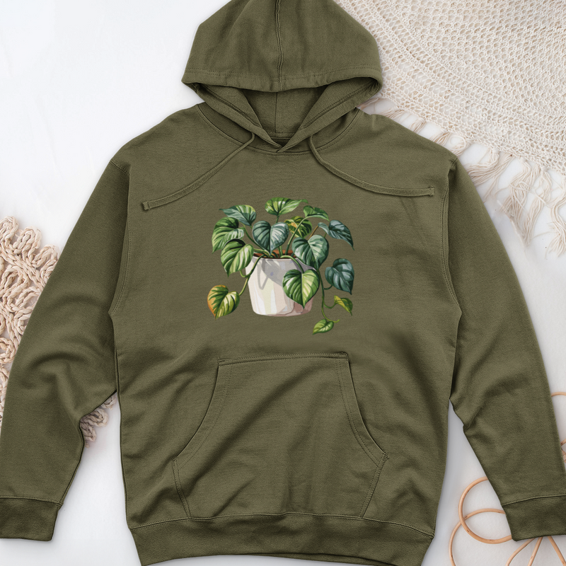 Watercolor Pothos Plant Midweight Hooded Sweatshirt