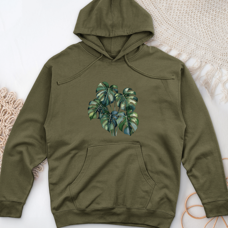 Watercolor Tropical Monstera Plant Midweight Hooded Sweatshirt