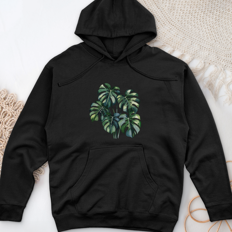 Watercolor Tropical Monstera Plant Midweight Hooded Sweatshirt
