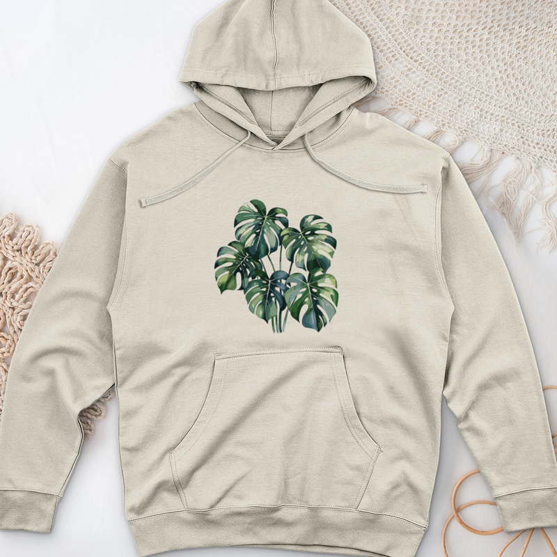 Watercolor Tropical Monstera Plant Midweight Hooded Sweatshirt
