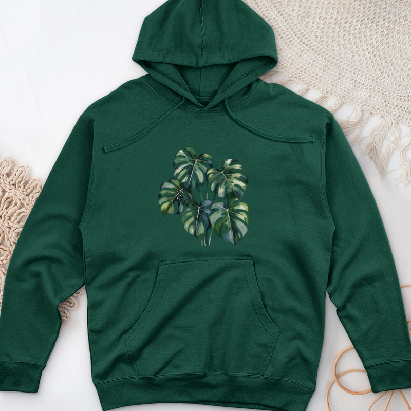 Watercolor Tropical Monstera Plant Midweight Hooded Sweatshirt