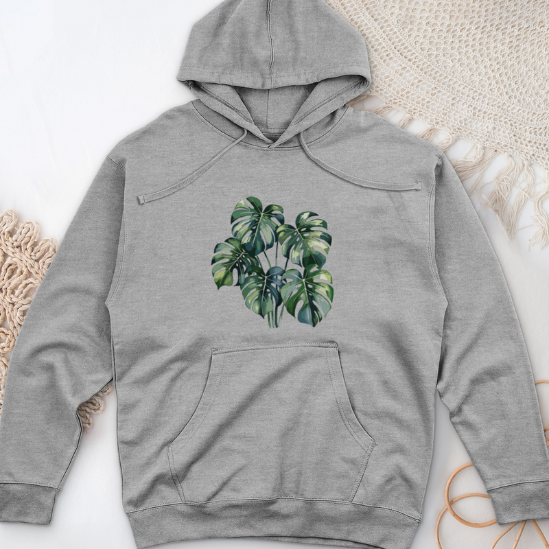 Watercolor Tropical Monstera Plant Midweight Hooded Sweatshirt