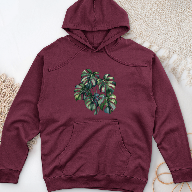 Watercolor Tropical Monstera Plant Midweight Hooded Sweatshirt