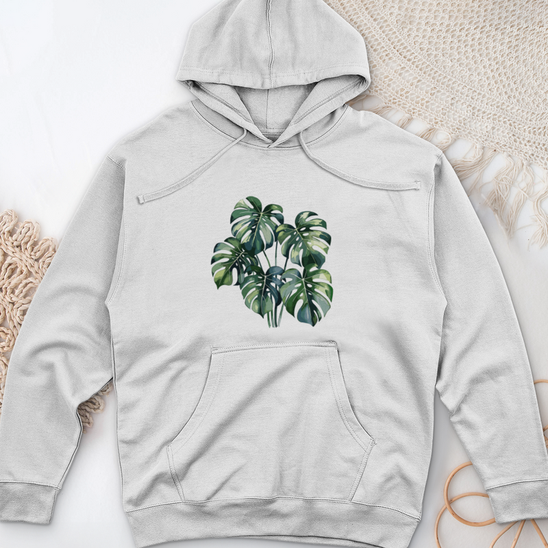 Watercolor Tropical Monstera Plant Midweight Hooded Sweatshirt